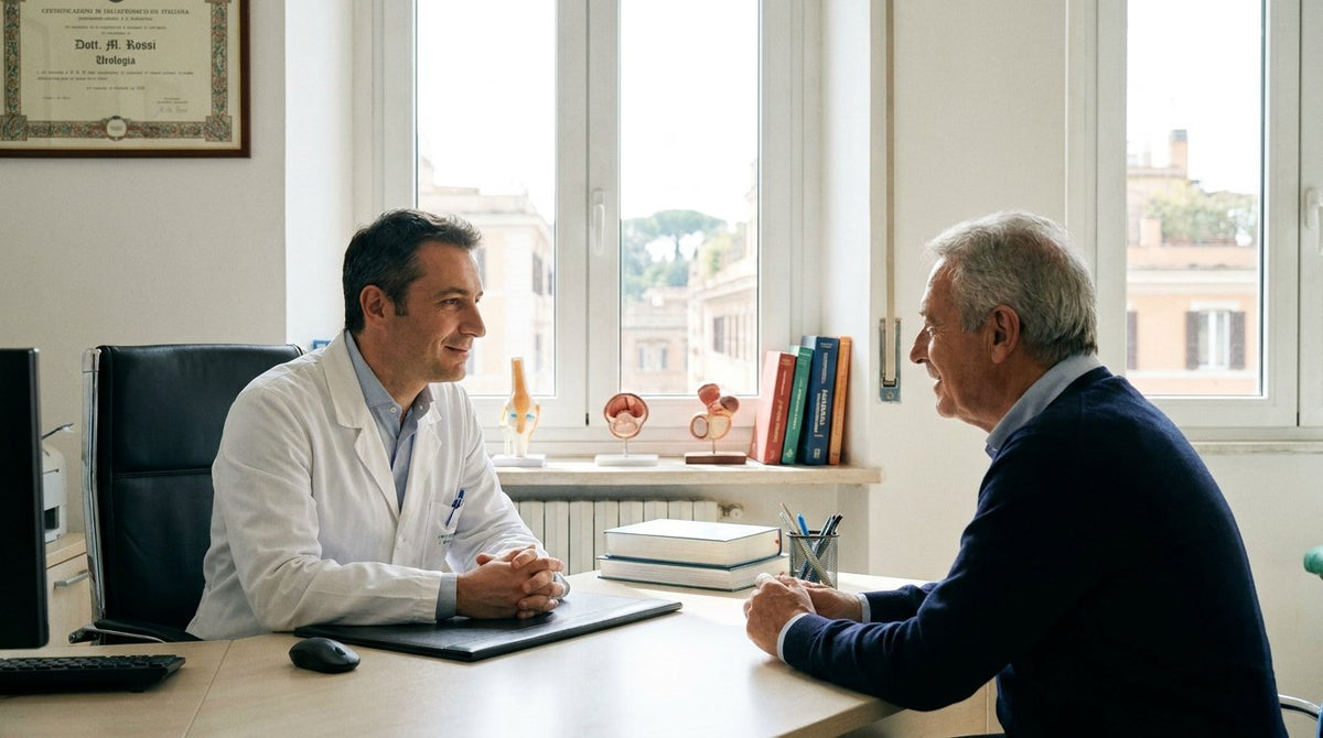 Visita urologica: medico e paziente parlano di incontinenza maschile