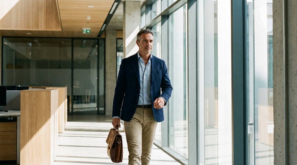 Uomo professionista in ufficio: gestire l'incontinenza al lavoro con discrezione