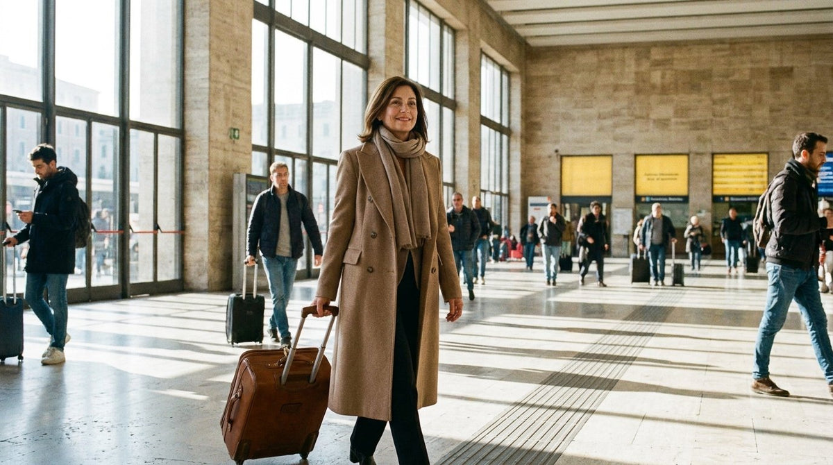 Donna con valigia in stazione: viaggiare serena con l'incontinenza