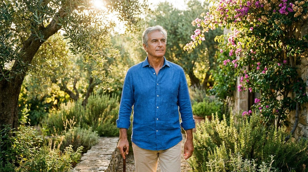Uomo in convalescenza passeggia sereno in giardino dopo radioterapia