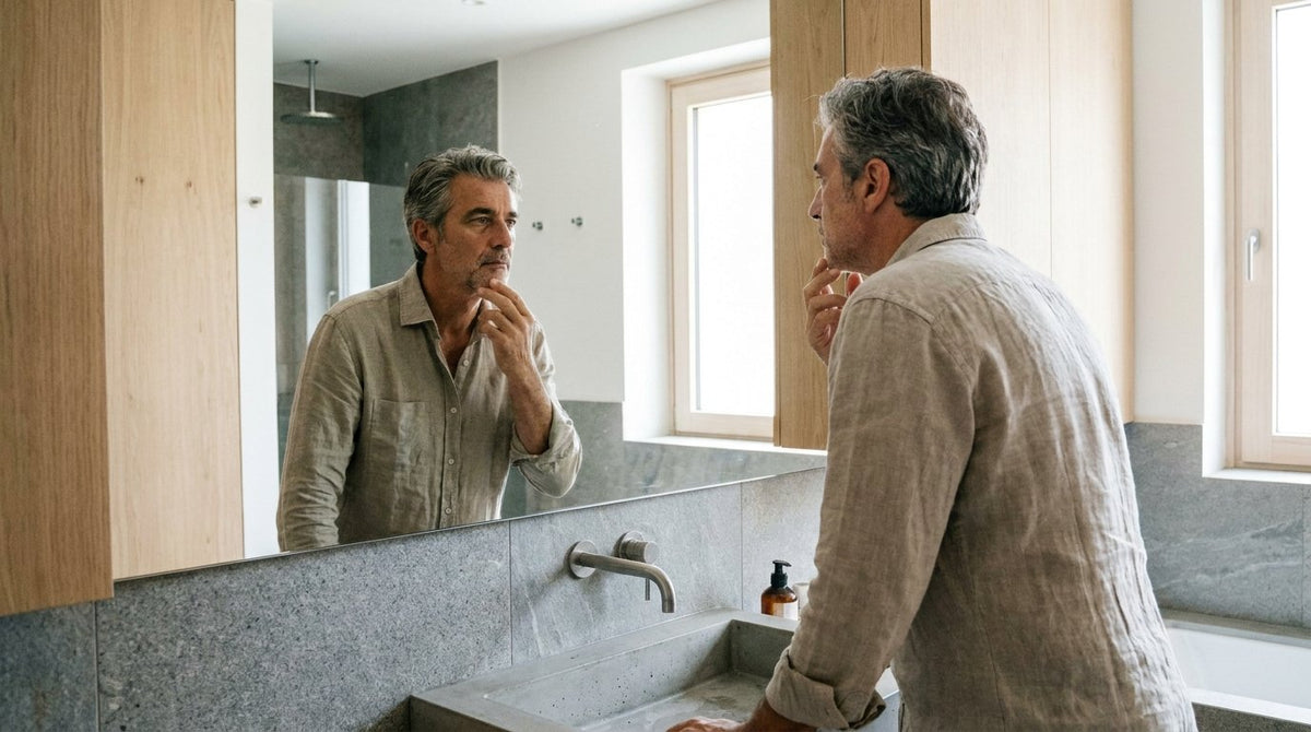 Uomo maturo in bagno: affrontare lo sgocciolamento post-minzionale