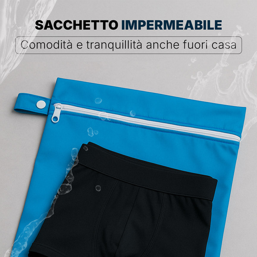 Sacca impermeabile Orykas per trasporto mutande assorbenti, vista frontale — discreta, anti-odore, per incontinenza in