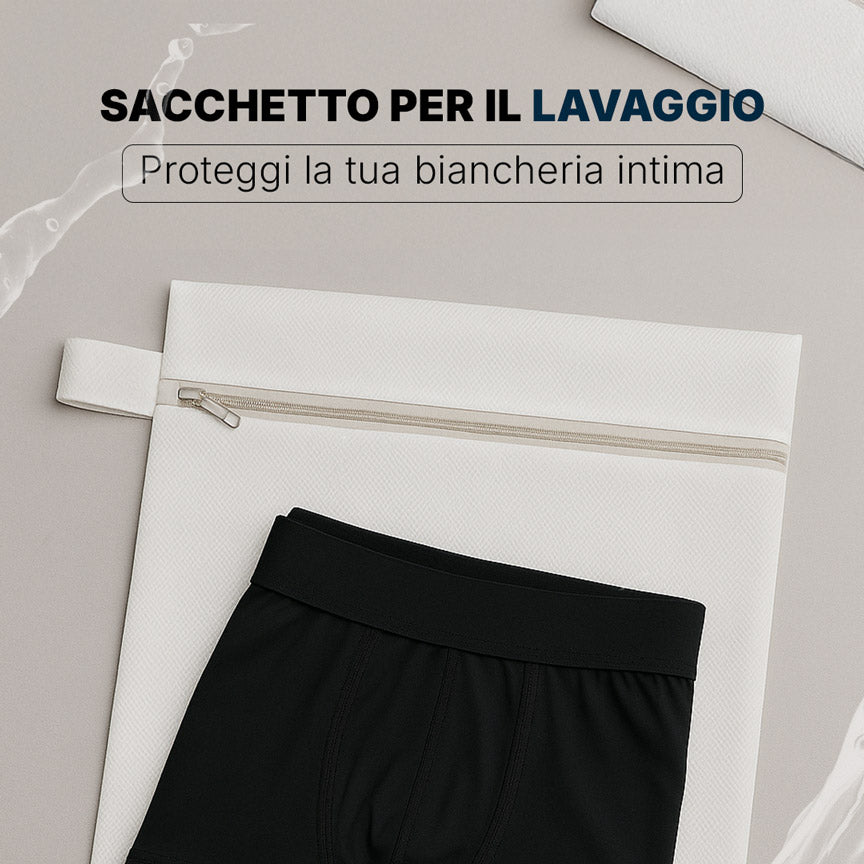 Sacca Orykas per il lavaggio di mutande assorbenti, vista frontale — protegge i capi anti-incontinenza in lavatrice.