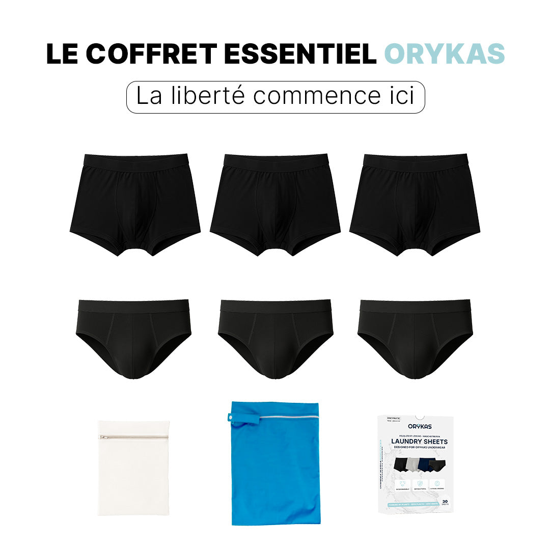 Pacchetto Orykas boxer e slip per incontinenza, vista frontale — mutande assorbenti lavabili in bambù e accessori pratici.