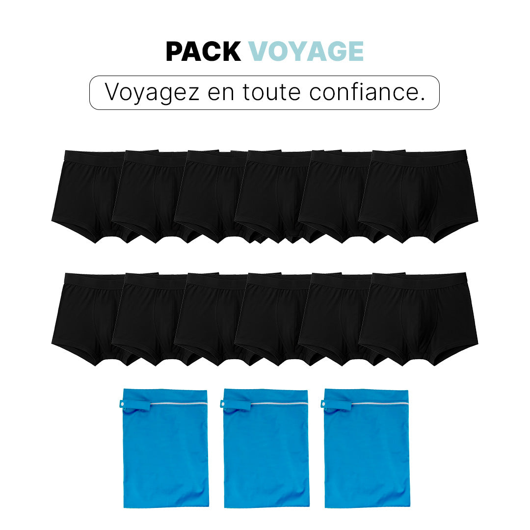 Pacchetto Orykas boxer e slip per incontinenza, vista frontale — mutande assorbenti lavabili in bambù e accessori pratici.
