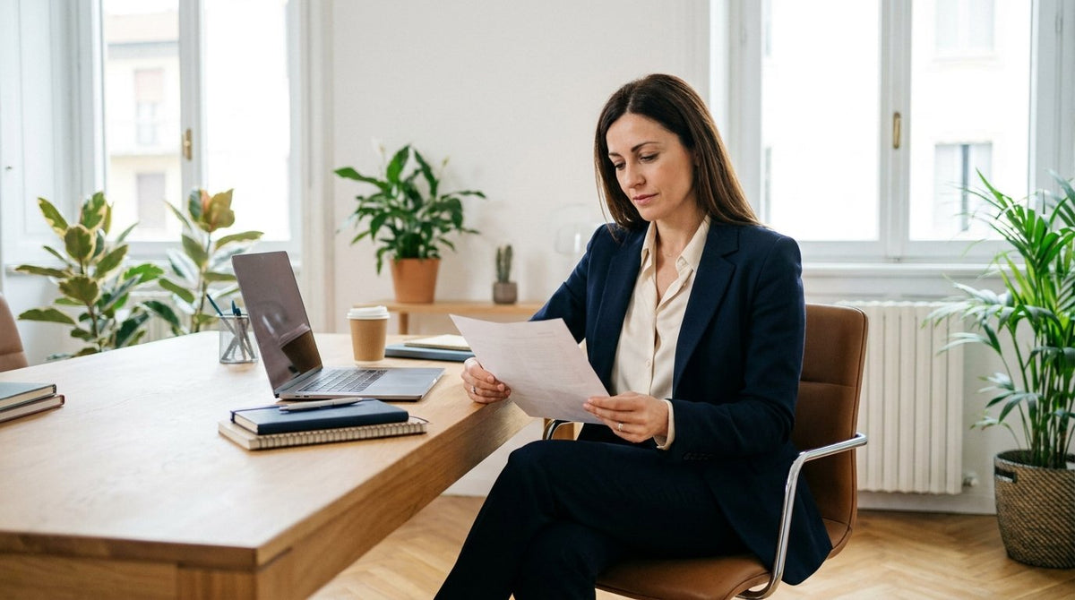 Donna in ufficio pratica esercizi di Kegel discretamente alla scrivania