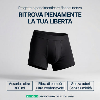Pacchetto Orykas boxer e slip per incontinenza, vista posteriore — mutande assorbenti lavabili in bambù e accessori pratici.