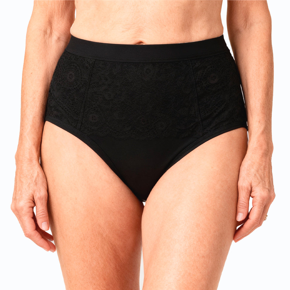 Set 3 culotte Orykas nero per incontinenza femminile, vista frontale — mutande assorbenti lavabili.