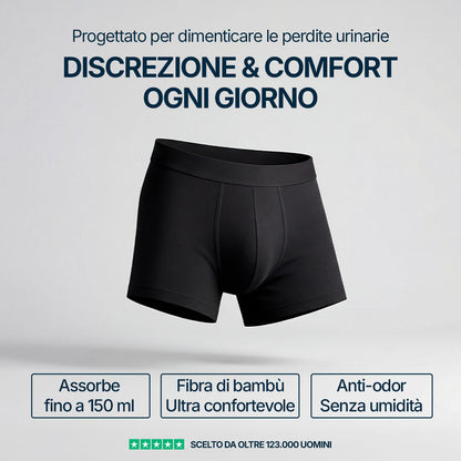 Boxer Orykas ultra assorbente per incontinenza maschile, vista posteriore, lavabile in bambù – protezione perdite urinarie.