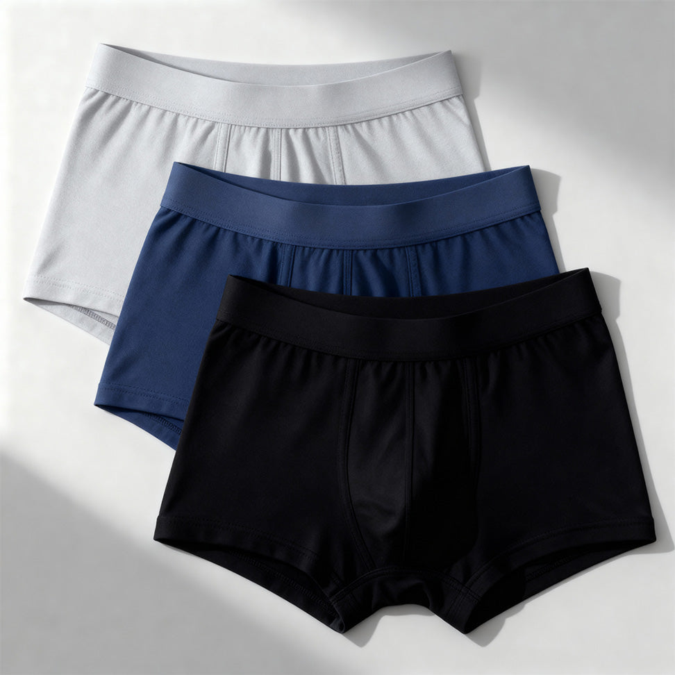 Set 3 boxer Orykas multicolore ultra assorbenti per incontinenza uomo, vista frontale — mutande assorbenti lavabili in bambù.