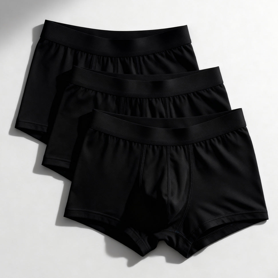 Set 3 boxer Orykas nero ultra assorbenti per incontinenza uomo, vista frontale — mutande assorbenti lavabili in bambù.