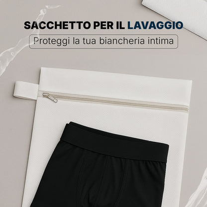 Sacca Orykas per il lavaggio di mutande assorbenti, vista frontale — protegge i capi anti-incontinenza in lavatrice.