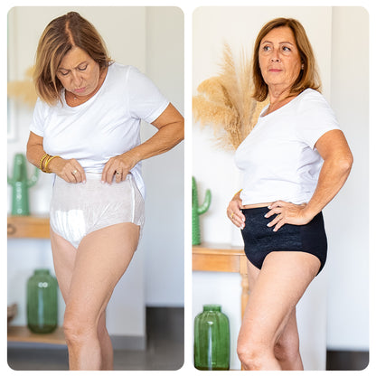 Confronto tra protezione usa e getta e slip assorbente lavabile per incontinenza femminile, soluzione discreta per perdite urinarie leggere o moderate.