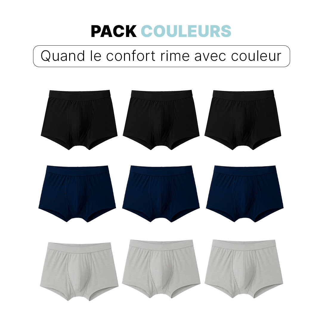 Pacchetto Orykas boxer e slip per incontinenza, vista frontale — mutande assorbenti lavabili in bambù e accessori pratici.