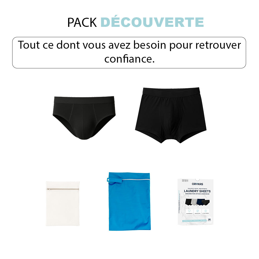 Pacchetto Orykas boxer e slip per incontinenza, vista frontale — mutande assorbenti lavabili in bambù e accessori pratici.