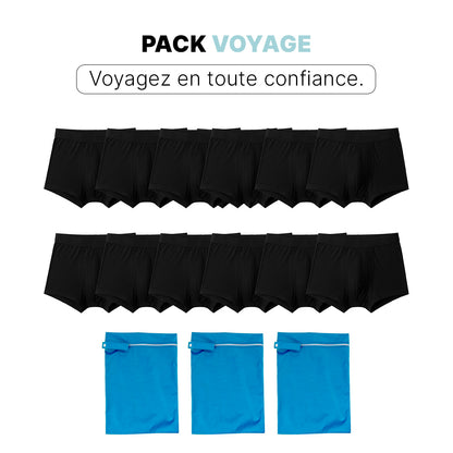 Pacchetto Orykas boxer e slip per incontinenza, vista frontale — mutande assorbenti lavabili in bambù e accessori pratici.